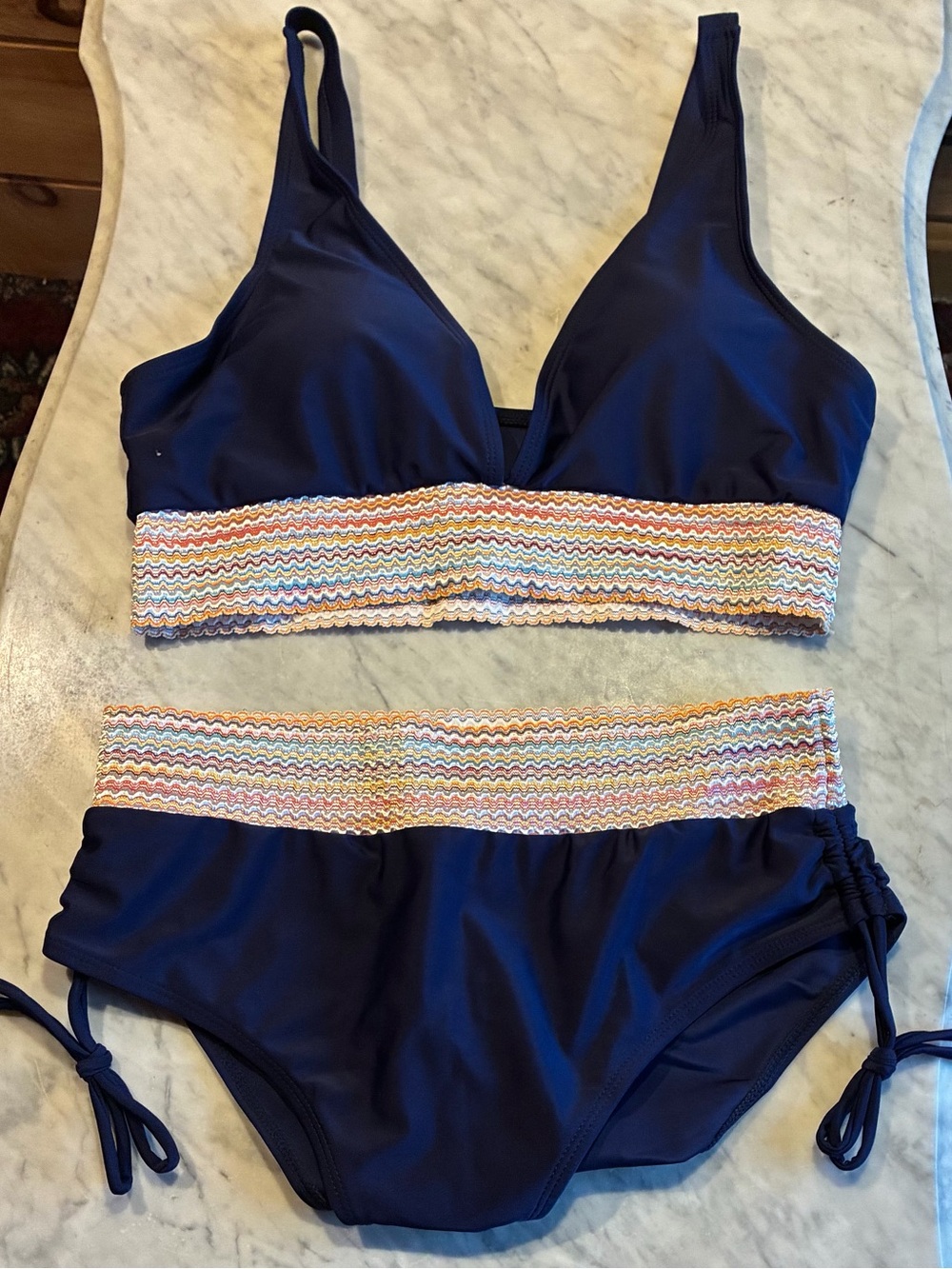 Navy Blue Two-Piece Swim Set with Multicolor Smocked Waistband